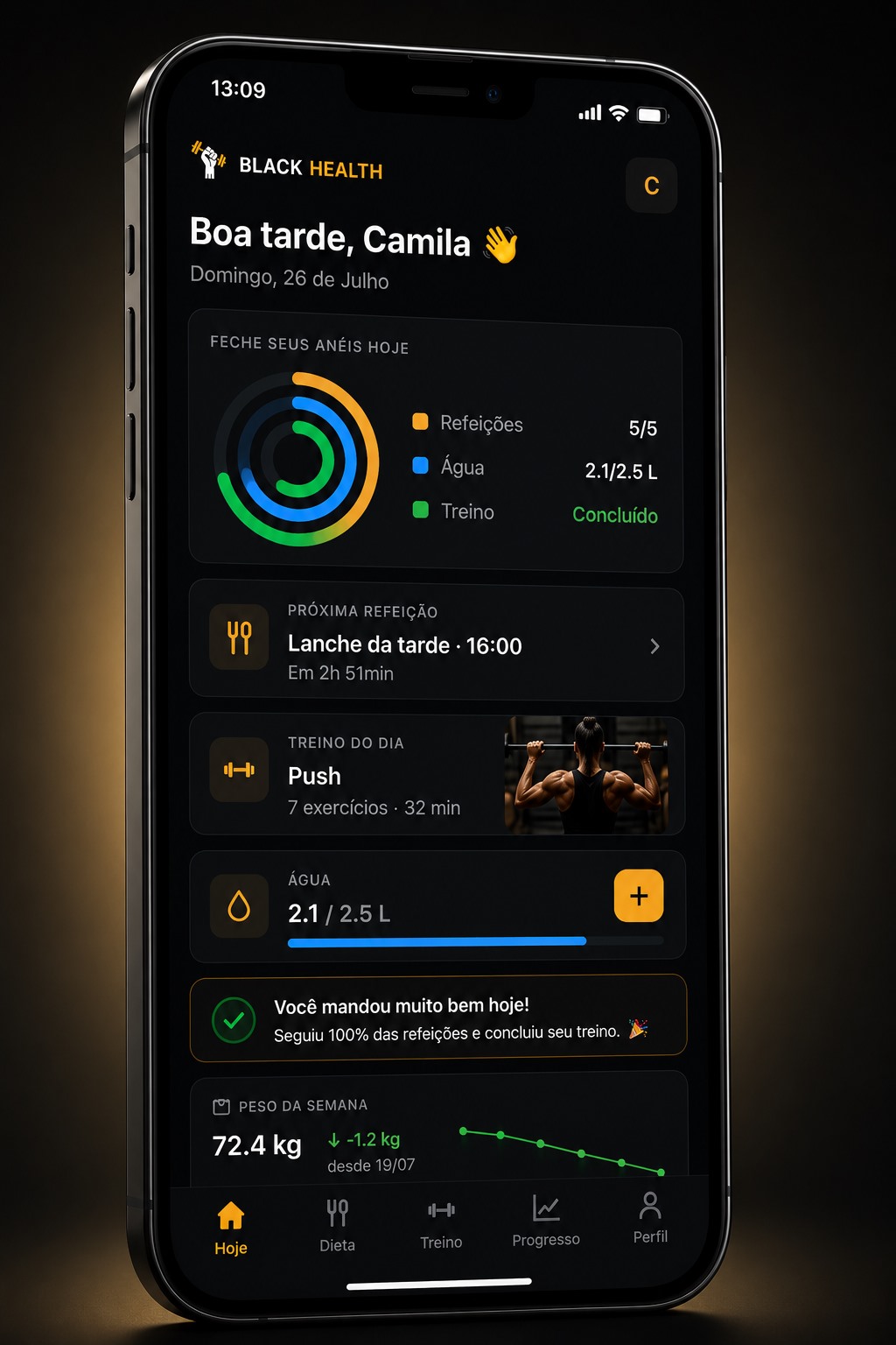 Aplicativo Black Health mostrando o acompanhamento diário da paciente